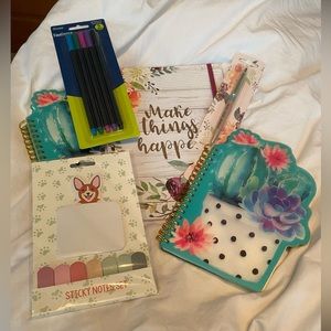 Notebook, pens, sticky notes lot